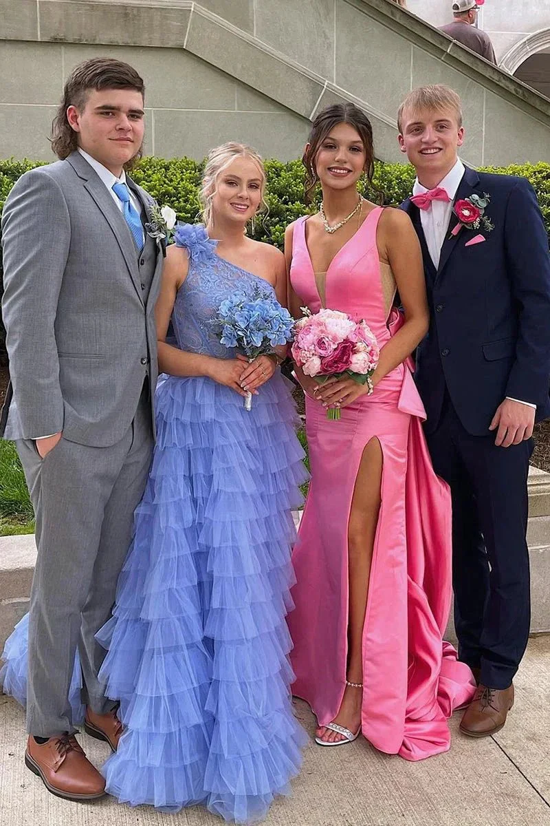 Esther | Cute Mermaid V Neck Pink Satin Long Prom Dresses with Big Bow - Image 2