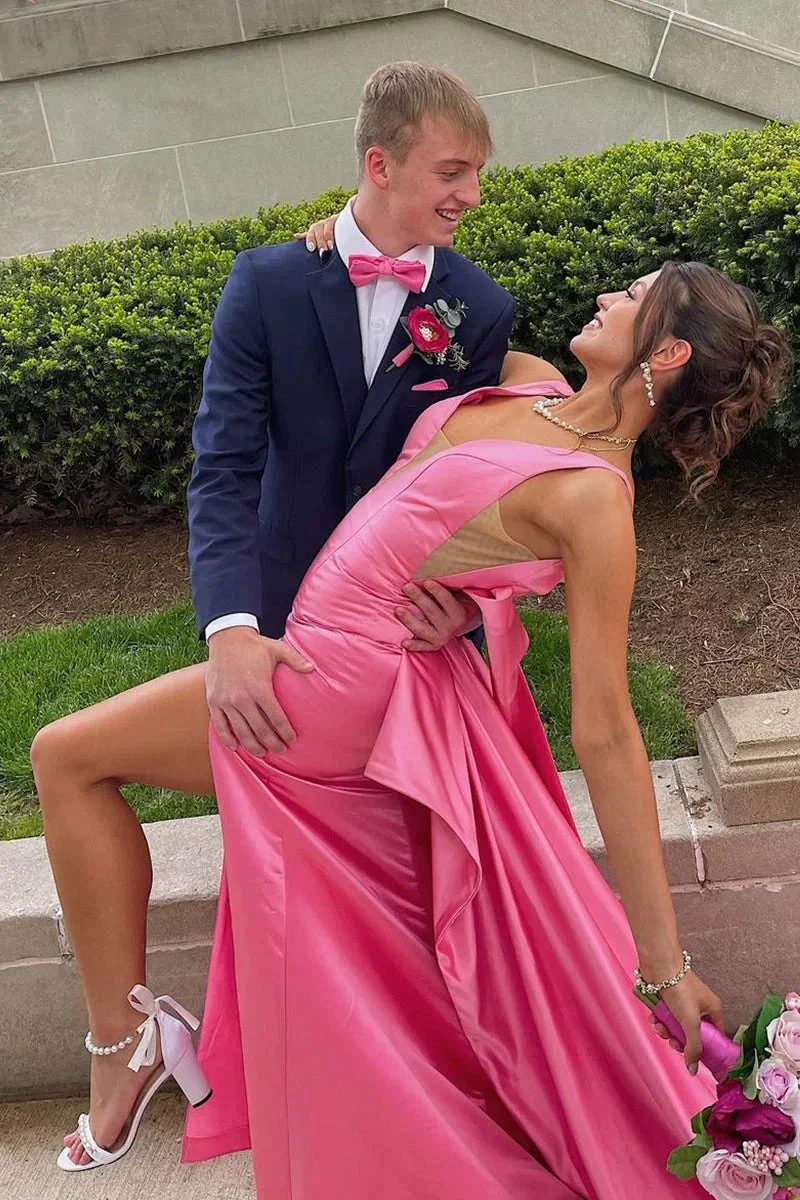 Esther | Cute Mermaid V Neck Pink Satin Long Prom Dresses with Big Bow - Image 3