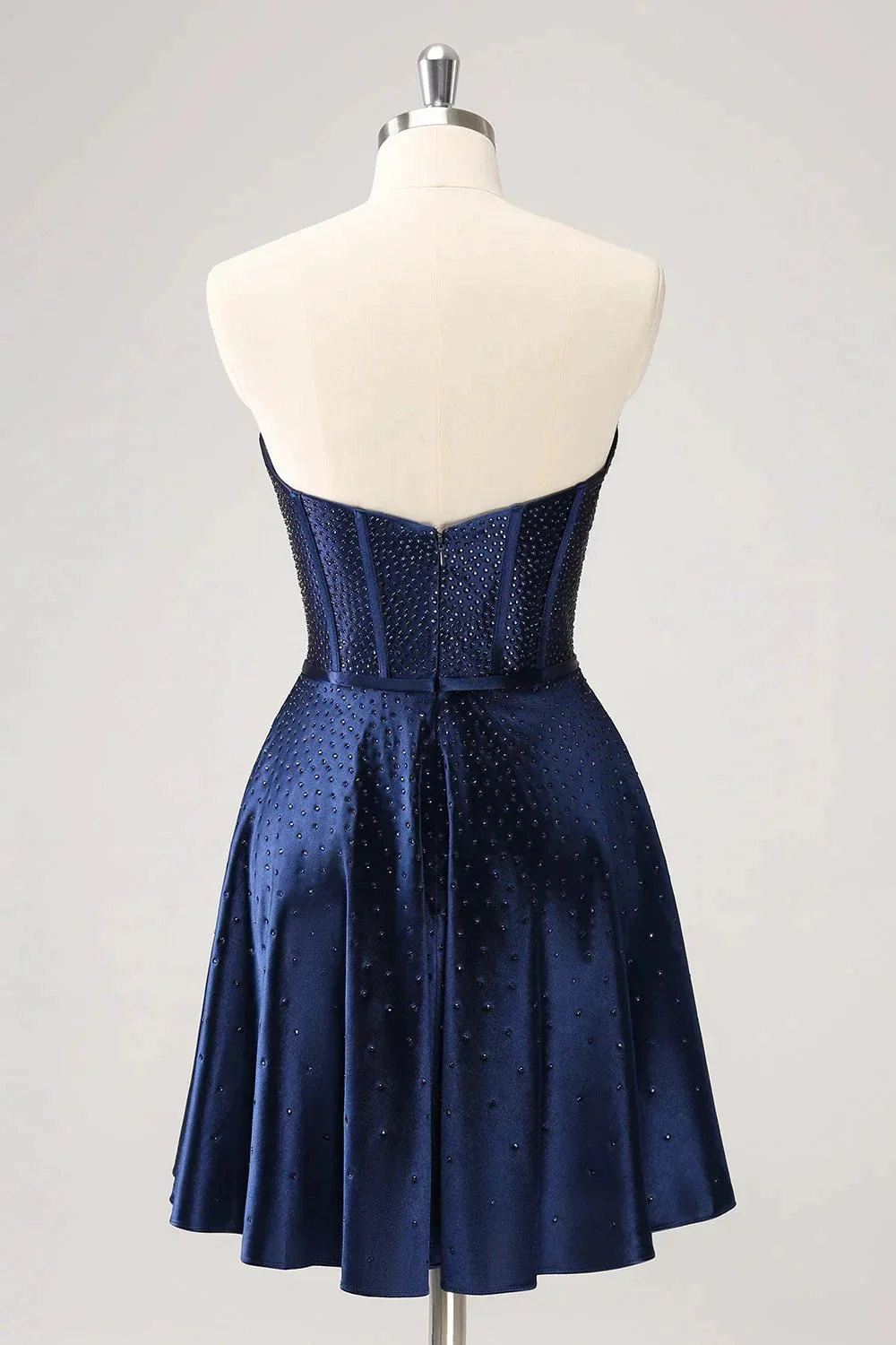 Cute Navy A Line Strapless Hollow Out Corset Beaded Homecoming Dress with Bow - Image 2