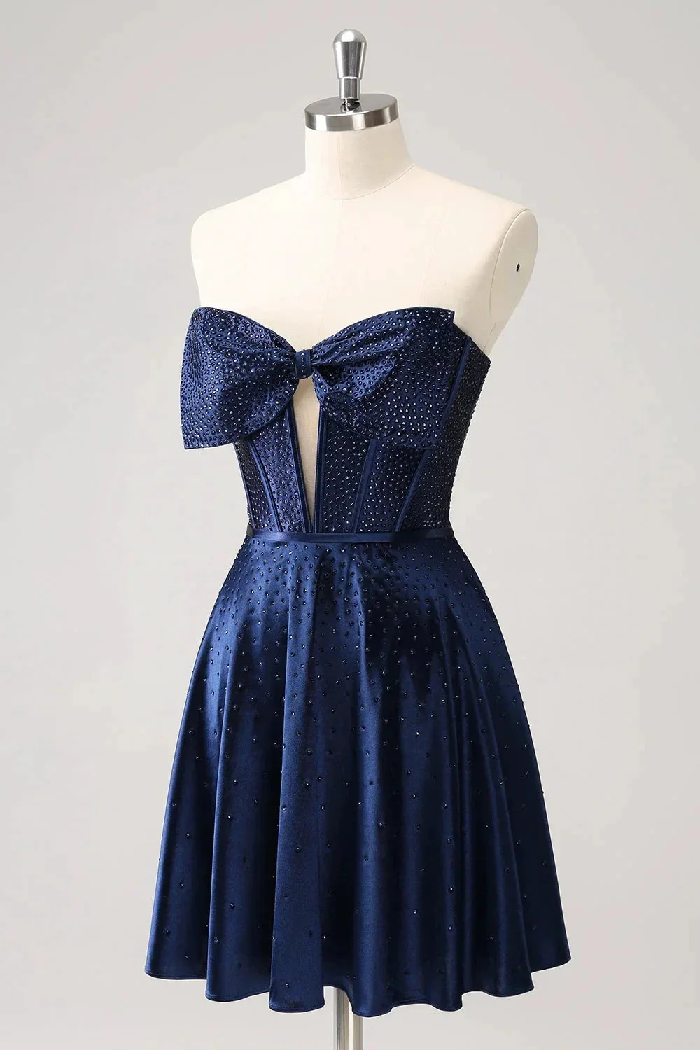 Cute Navy A Line Strapless Hollow Out Corset Beaded Homecoming Dress with Bow - Image 3