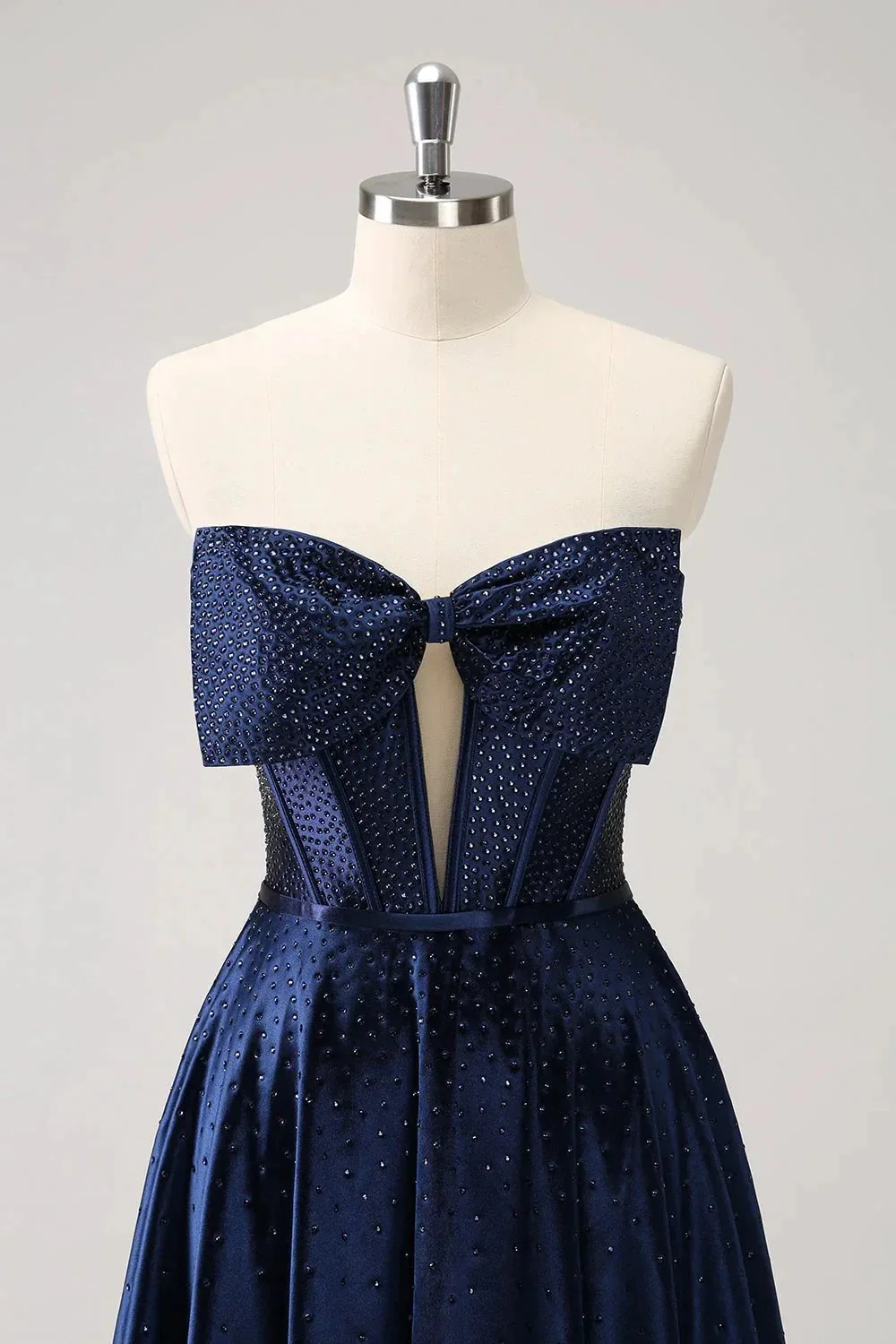 Cute Navy A Line Strapless Hollow Out Corset Beaded Homecoming Dress with Bow - Image 4