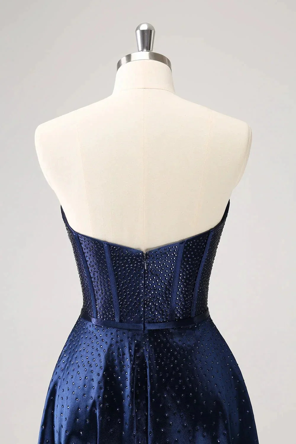 Cute Navy A Line Strapless Hollow Out Corset Beaded Homecoming Dress with Bow - Image 5