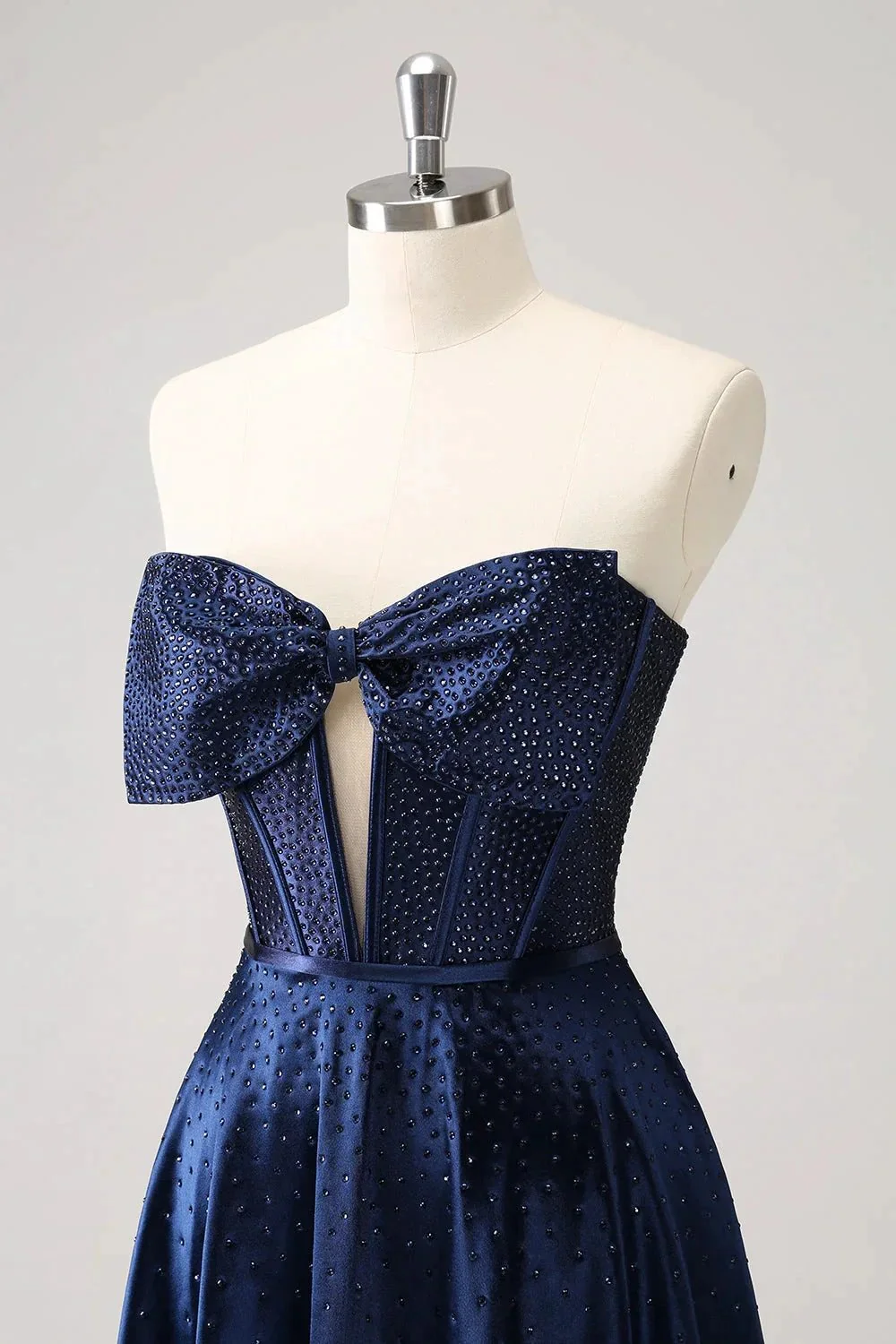 Cute Navy A Line Strapless Hollow Out Corset Beaded Homecoming Dress with Bow - Image 6