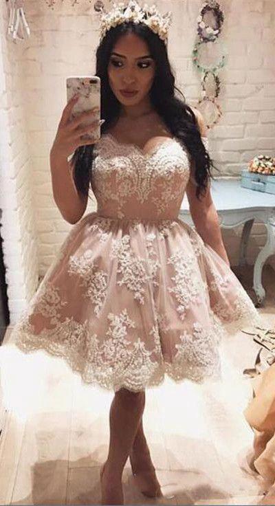 Cute Off The Shoulder A-line Short Pink Lace Homecoming Dress PG143 - Image 2