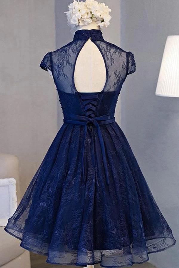 Vintage Navy Blue Cap Sleeves Homecoming Dress Party Dresses PD281 - Image 2