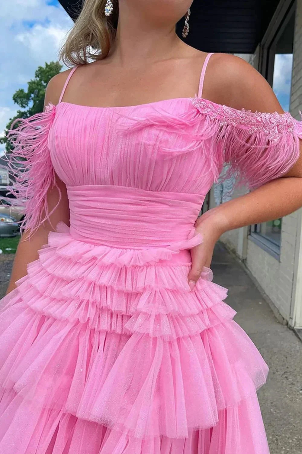 Cute Pink A Line Feather Tulle Homecoming Dresses - Image 3