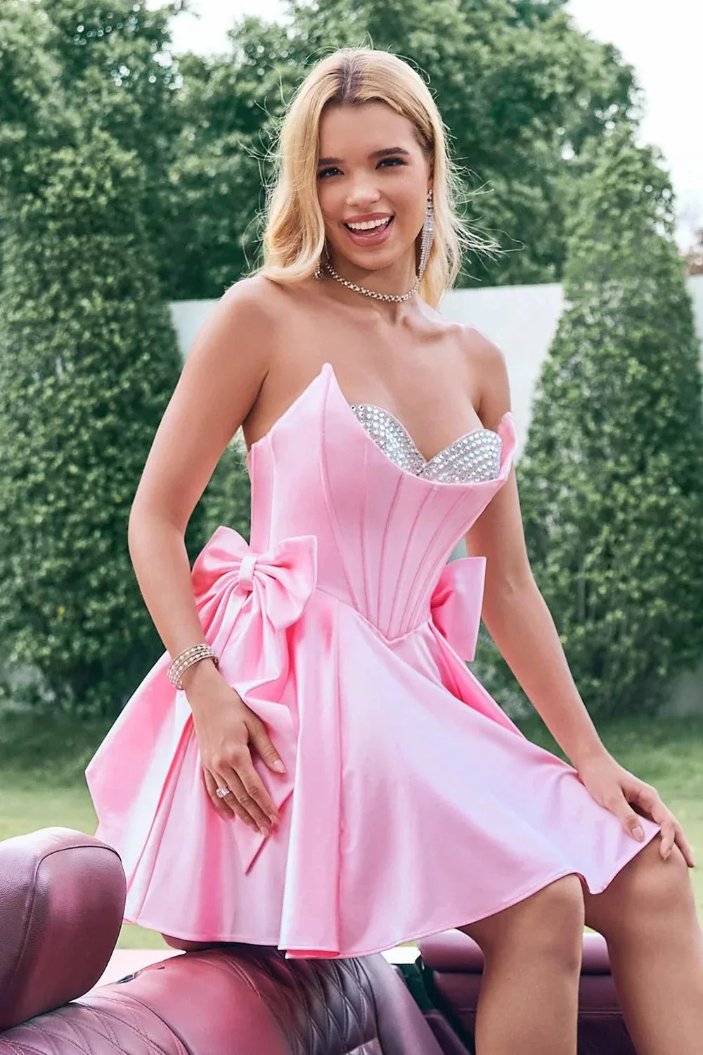 Cute Pink A Line Strapless Beaded Corset Ruffle Homecoming Dress with Bows - Image 3