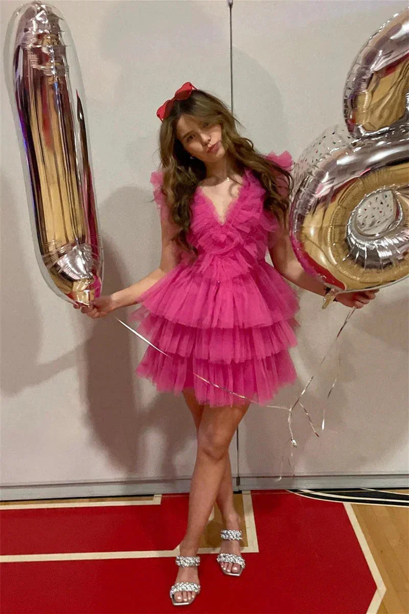 Cute Pink Ruffled Tiered Tulle Short Homecoming Dress Y1995 - Image 3