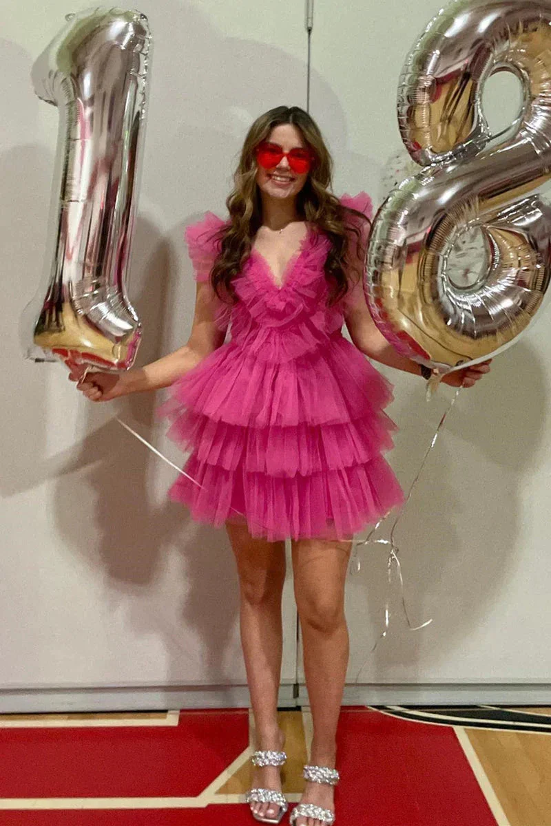 Cute Pink Ruffled Tiered Tulle Short Homecoming Dress Y1995 - Image 4