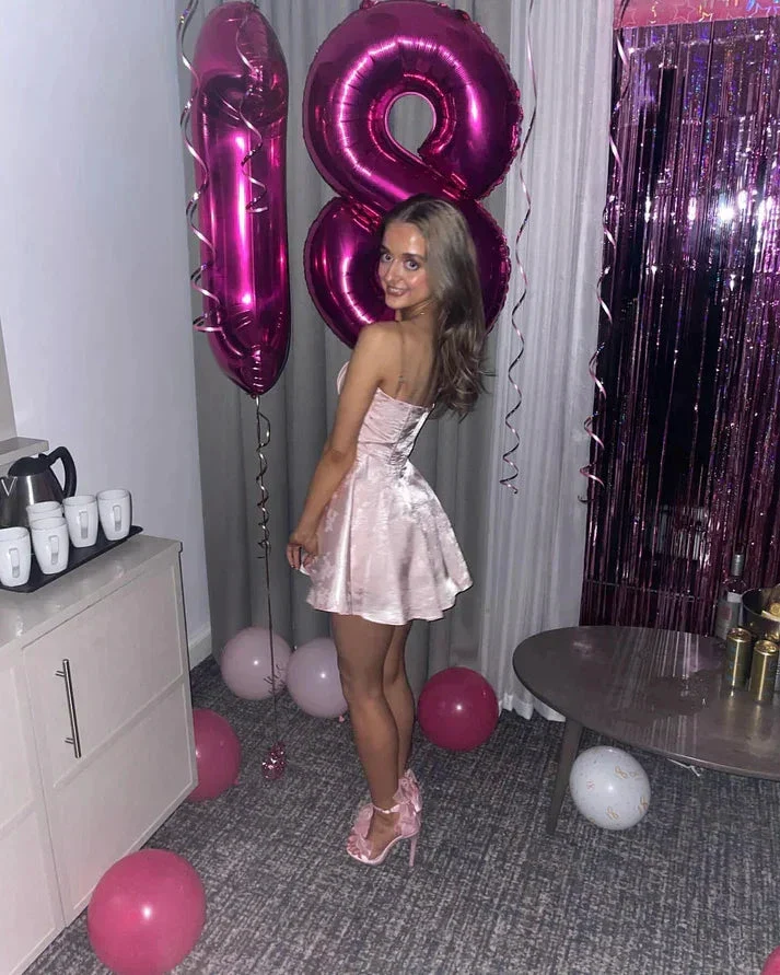 Cute Pink Satin Print Homecoming Dress Short Birthday Dress Y8059 - Image 3