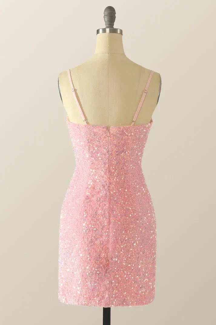 Cute Pink Sequins Homecoming Dress Pink Backless Party Dress Y2041 - Image 2