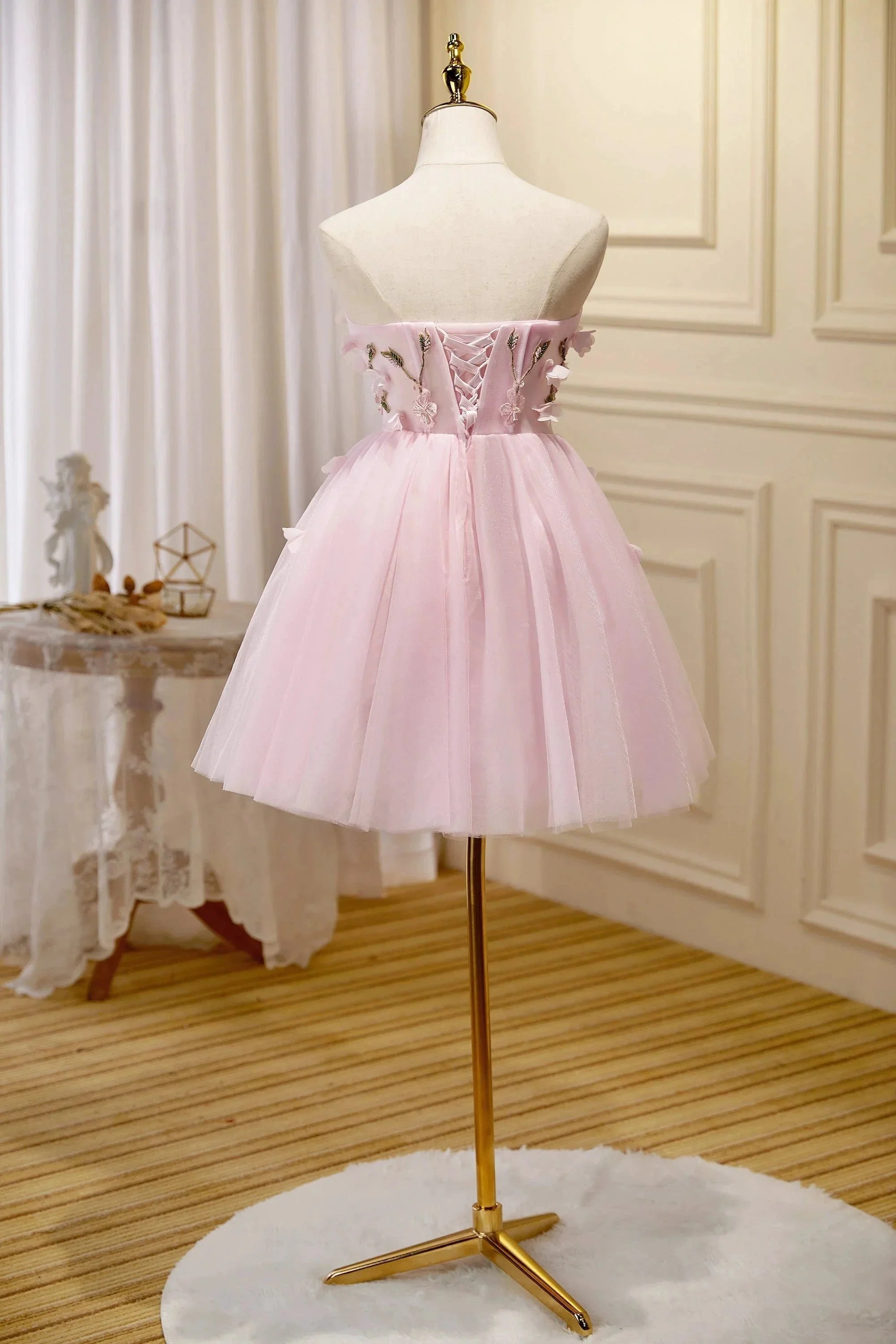 Cute Pink Strapless Sweetheart Appliques Tulle Short Homecoming Dresses - Image 4