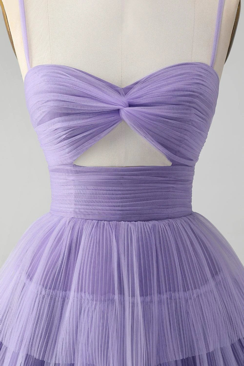 Cute Purple A Line Spaghetti Straps Short Tiered Homecoming Dress with Hollow Out - Image 7