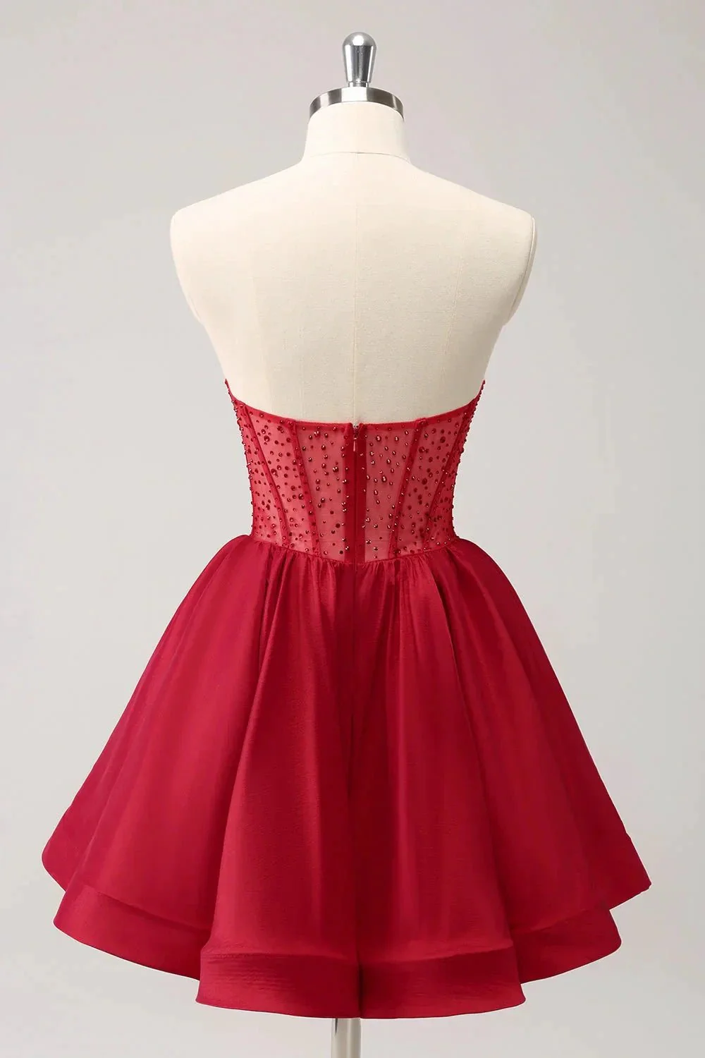 Cute Red A Line Strapless Corset Ruffle Homecoming Dress with Beading - Image 2