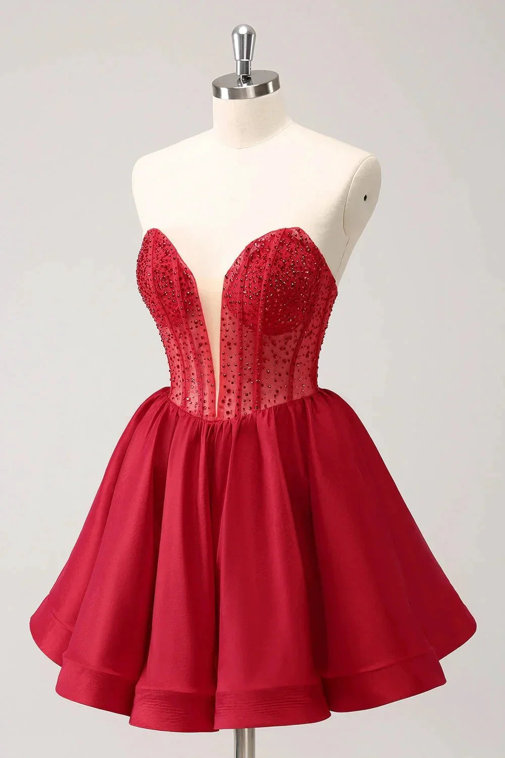 Cute Red A Line Strapless Corset Ruffle Homecoming Dress with Beading - Image 4