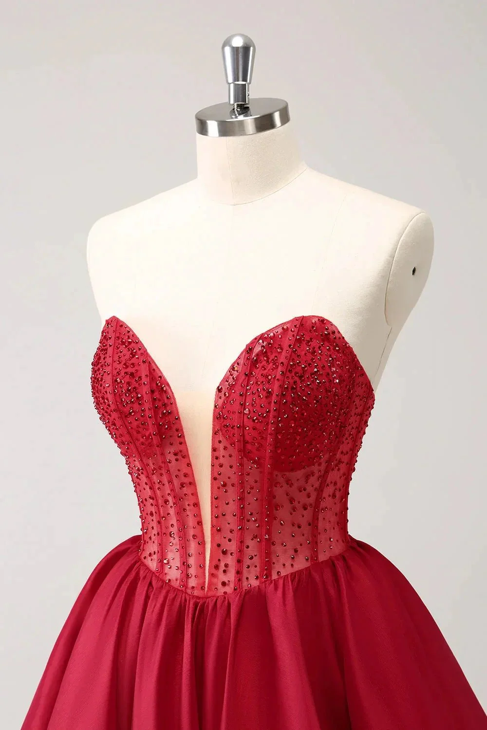Cute Red A Line Strapless Corset Ruffle Homecoming Dress with Beading - Image 7