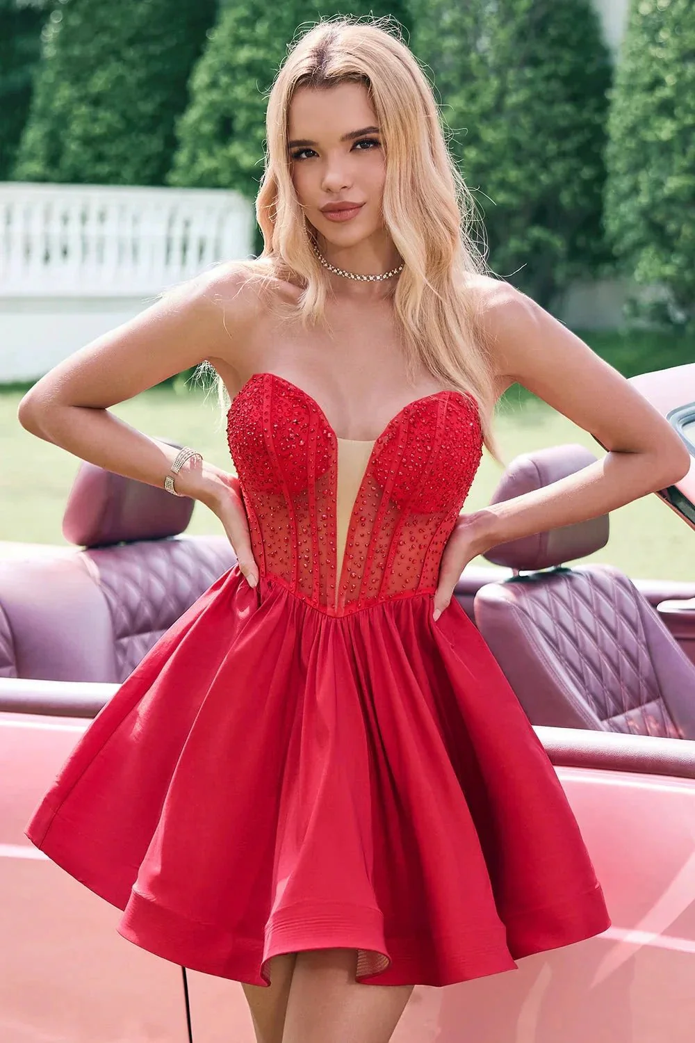 Cute Red A Line Strapless Corset Short Ruffle Homecoming Dress with Beading - Image 3
