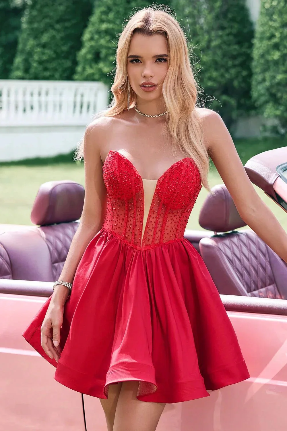 Cute Red A Line Strapless Corset Short Ruffle Homecoming Dress with Beading - Image 5