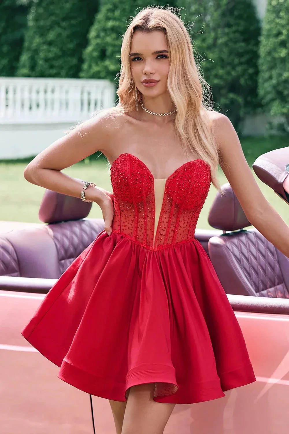 Cute Red A Line Strapless Corset Short Ruffle Homecoming Dress with Beading - Image 6