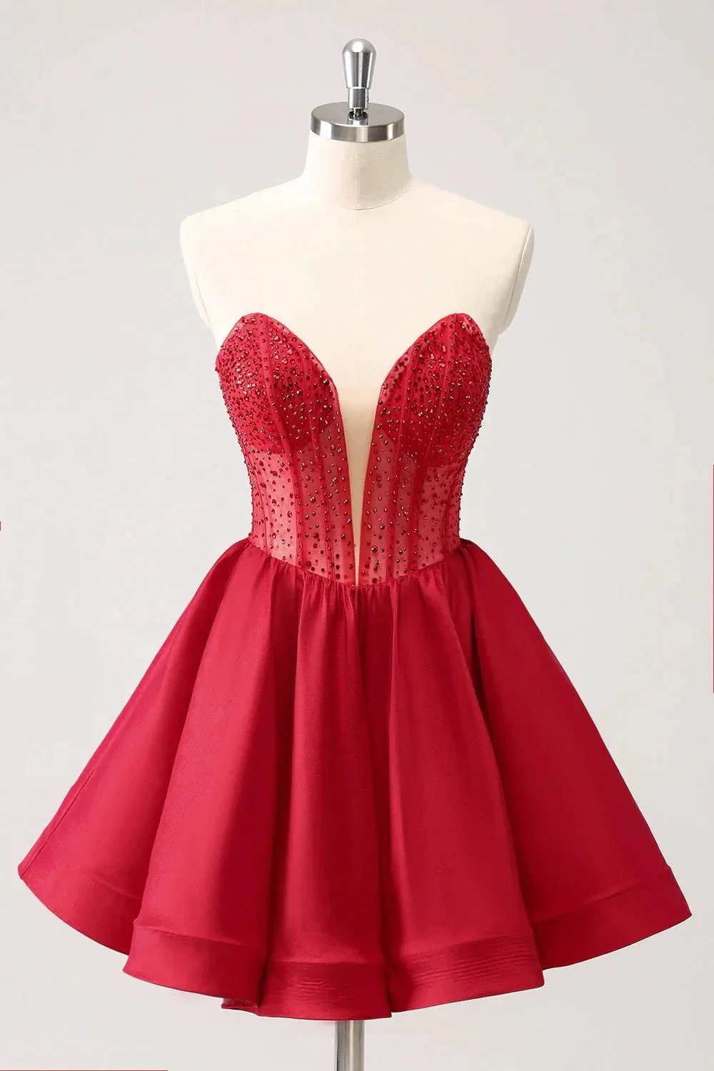Cute Red A Line Strapless Corset Short Ruffle Homecoming Dress with Beading - Image 8