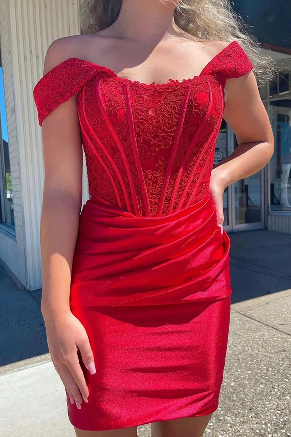 Cute Red Off the Shoulder Satin Homecoming Dresses with Lace - Image 2