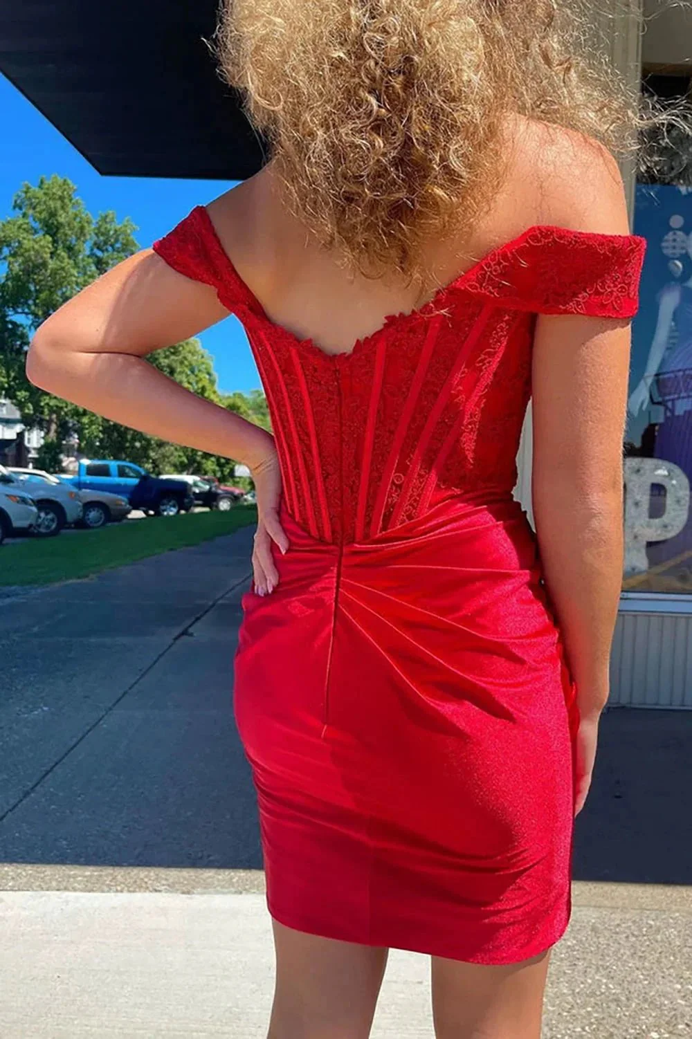 Cute Red Off the Shoulder Satin Homecoming Dresses with Lace - Image 3