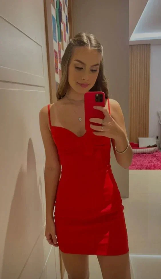 Cute Red Spaghetti Straps Bodycon Dress Red Homecoming Dress Y7166 - Image 2