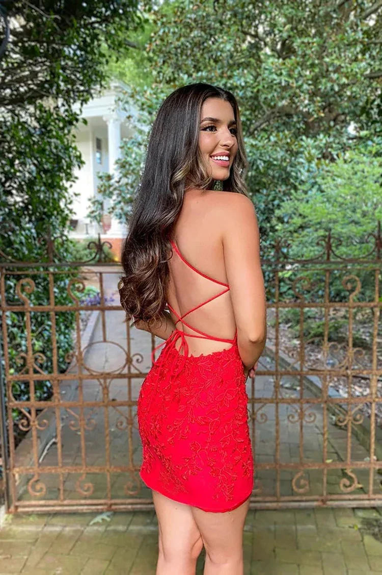 Cute Red Sweetheart Lace Backless Tight Homecoming Dresses PD501 - Image 3