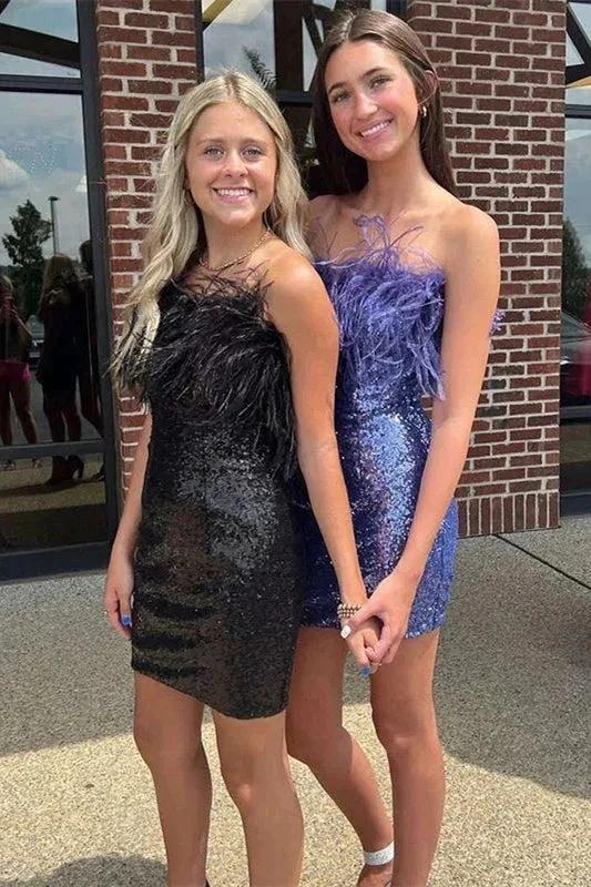 Cute Sequins Feathers Strapless Sleeveless Short Prom Dresses - Image 2
