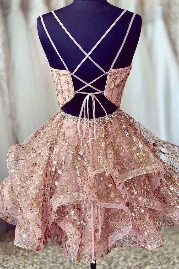 Cute Sequins Pink Homecoming Dresses V-neck Beaded Short Prom Dresses - Image 2