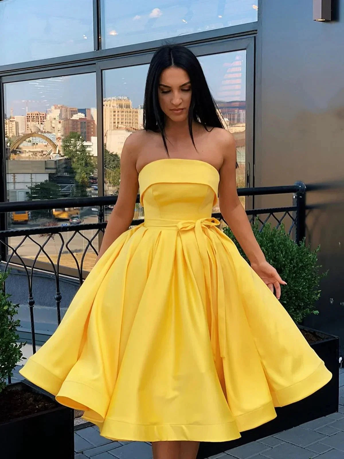 Cute Short A-line Strapless Satin Prom Homecoming Dresses - Image 2
