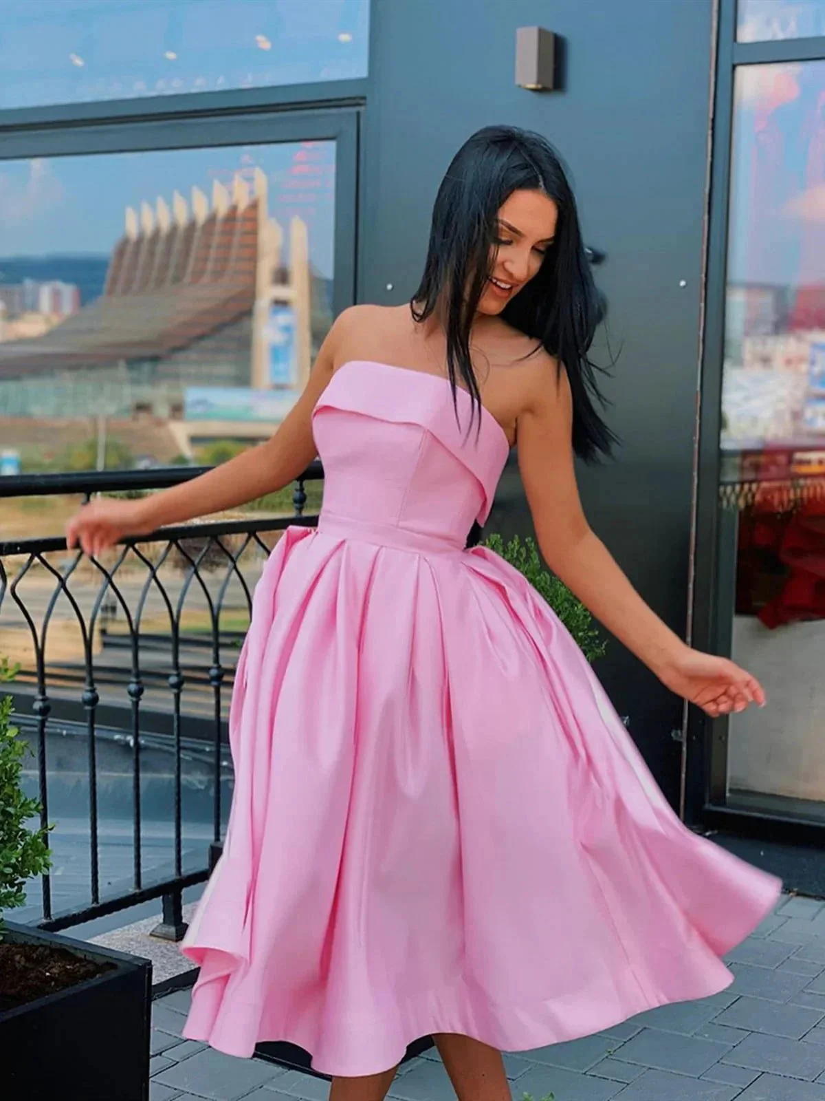 Cute Short A-line Strapless Satin Prom Homecoming Dresses - Image 3