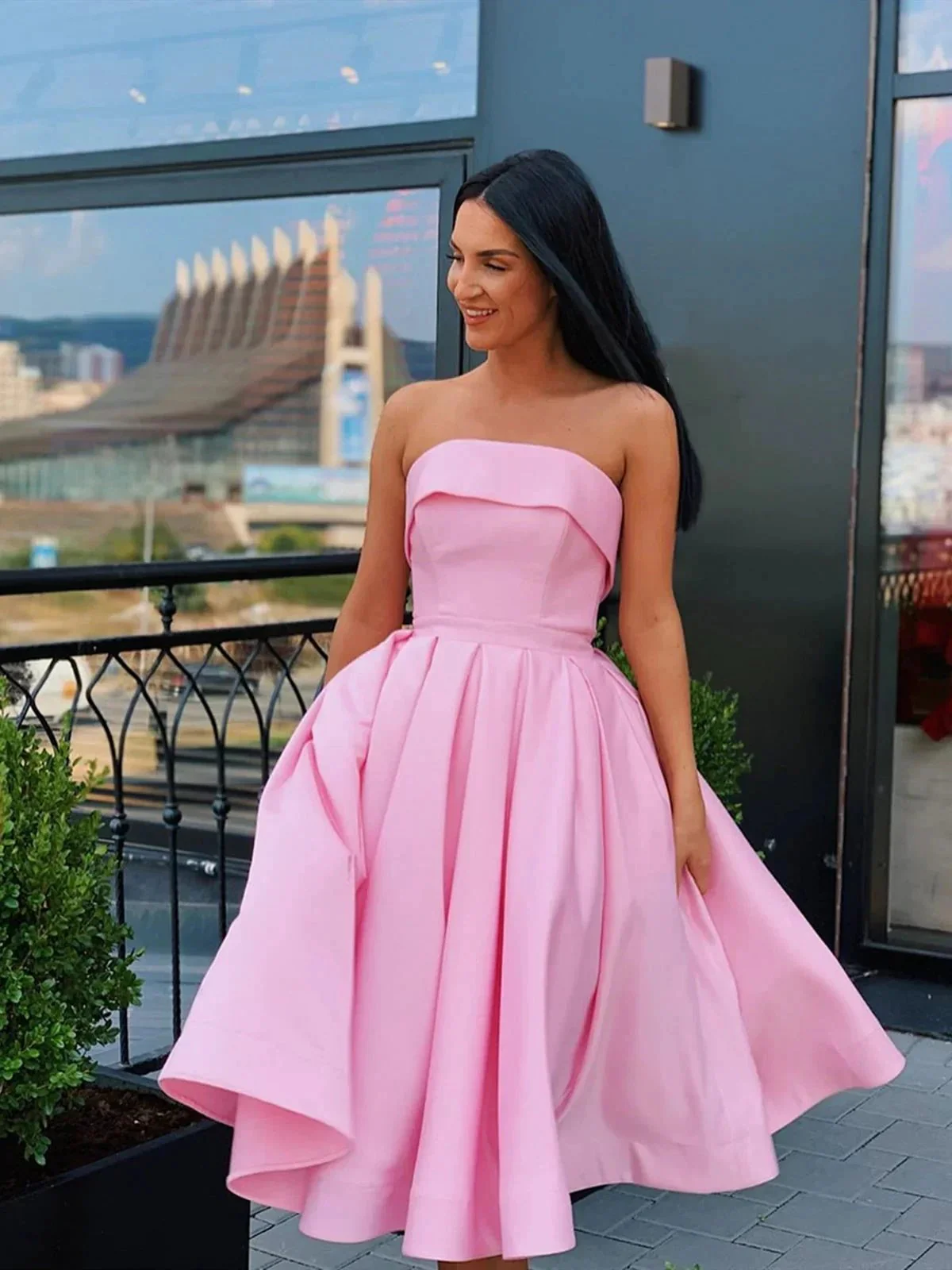 Cute Short A-line Strapless Satin Prom Homecoming Dresses - Image 4
