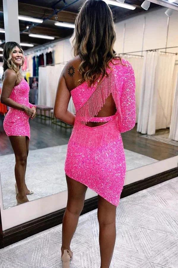 Cute Spakrly One Shoulder Sequins Pink Homecoming Dresses PD567 - Image 2