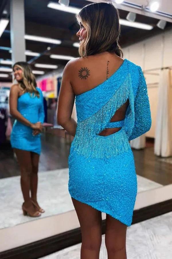 Cute Spakrly One Shoulder Sequins Pink Homecoming Dresses PD567 - Image 4