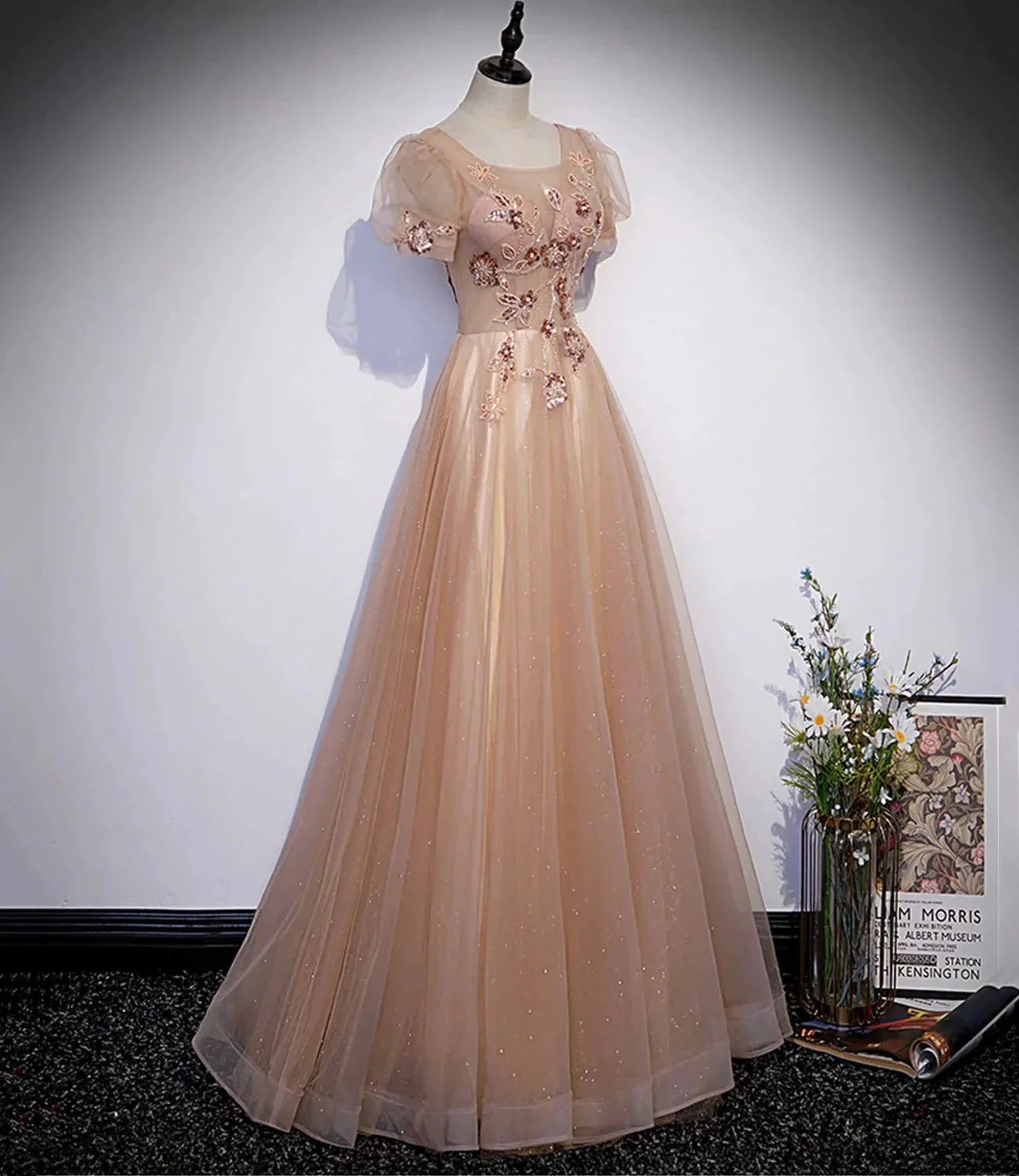 Cute tulle beads long prom dress A line evening gown s63 - Image 2