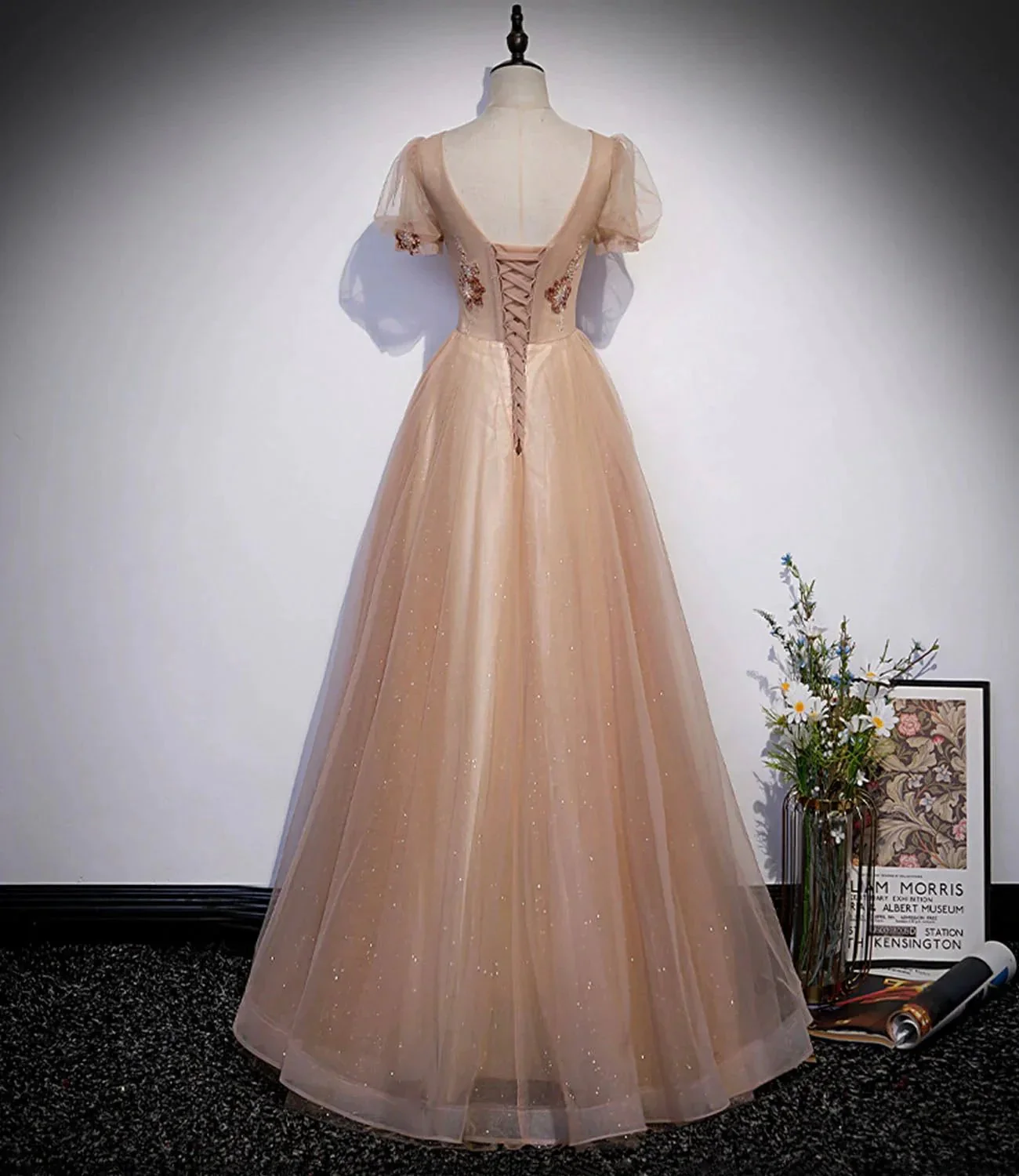 Cute tulle beads long prom dress A line evening gown s63 - Image 3
