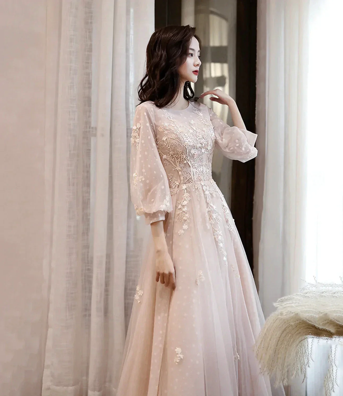 Cute tulle lace long prom dress A line evening dress Y1291 - Image 2