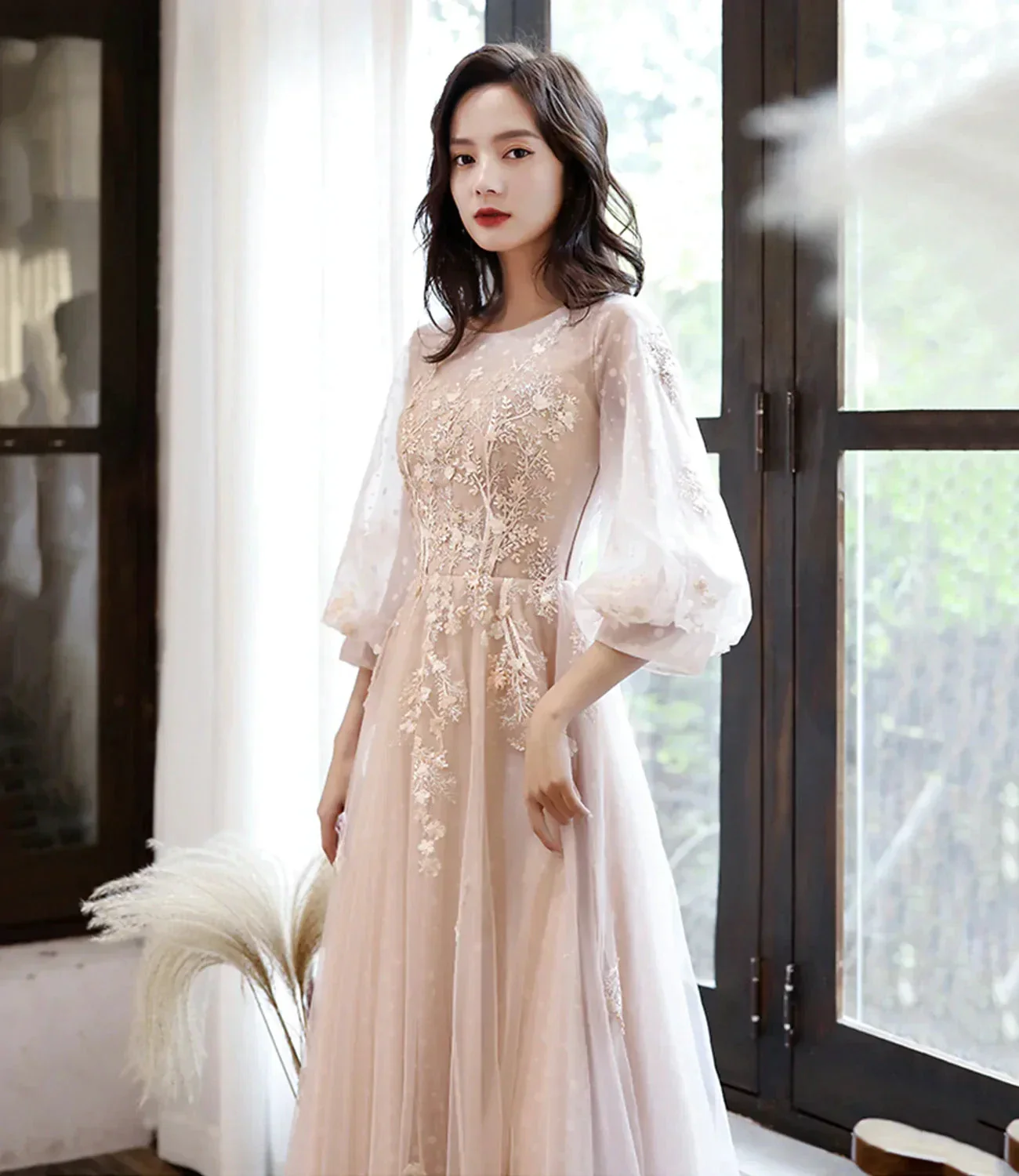 Cute tulle lace long prom dress A line evening dress Y1291 - Image 3