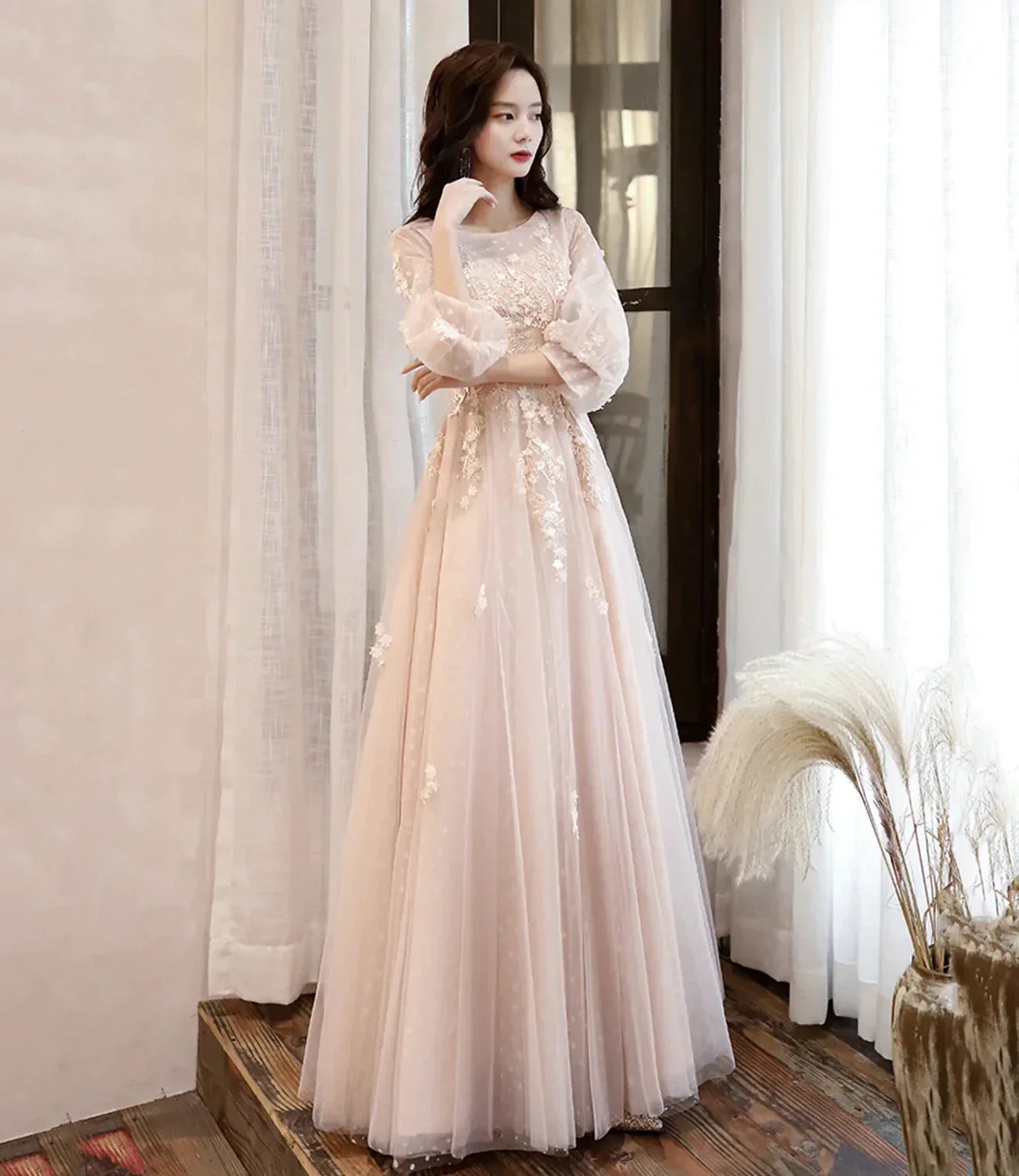 Cute tulle lace long prom dress A line evening dress Y1291 - Image 4