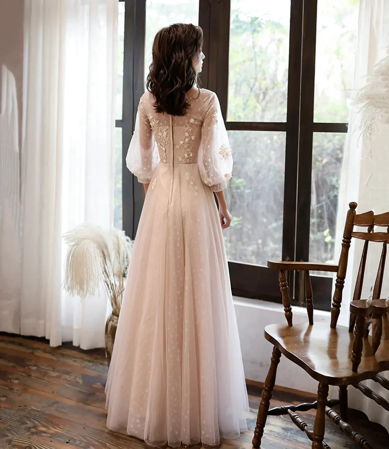 Cute tulle lace long prom dress A line evening dress Y1291 - Image 5