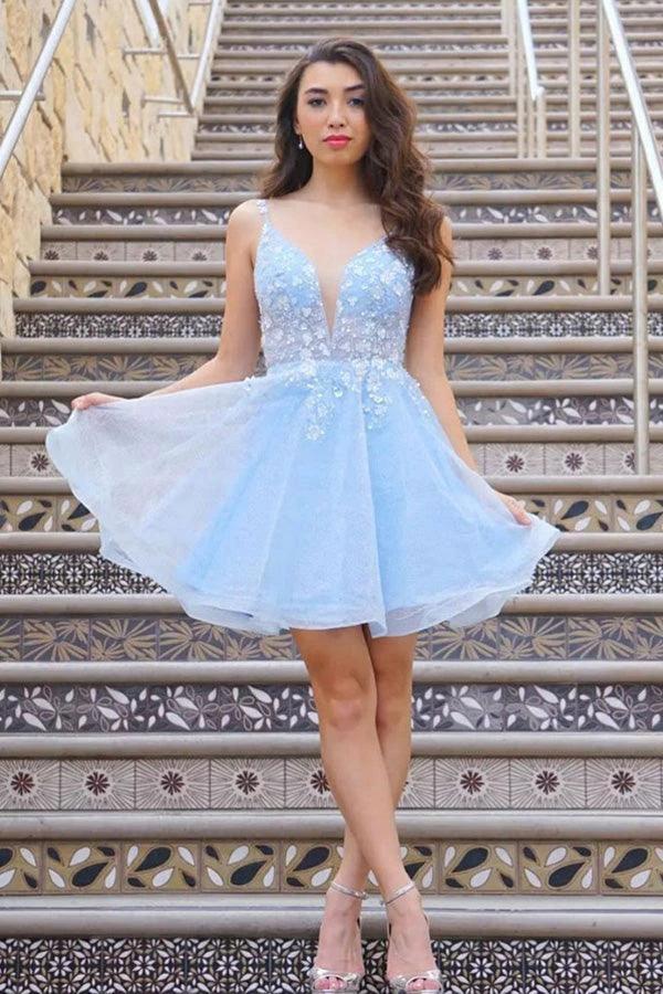 Cute V Neck Light Blue Lace Floral Short Prom Homecoming Dresses PD439 - Image 2