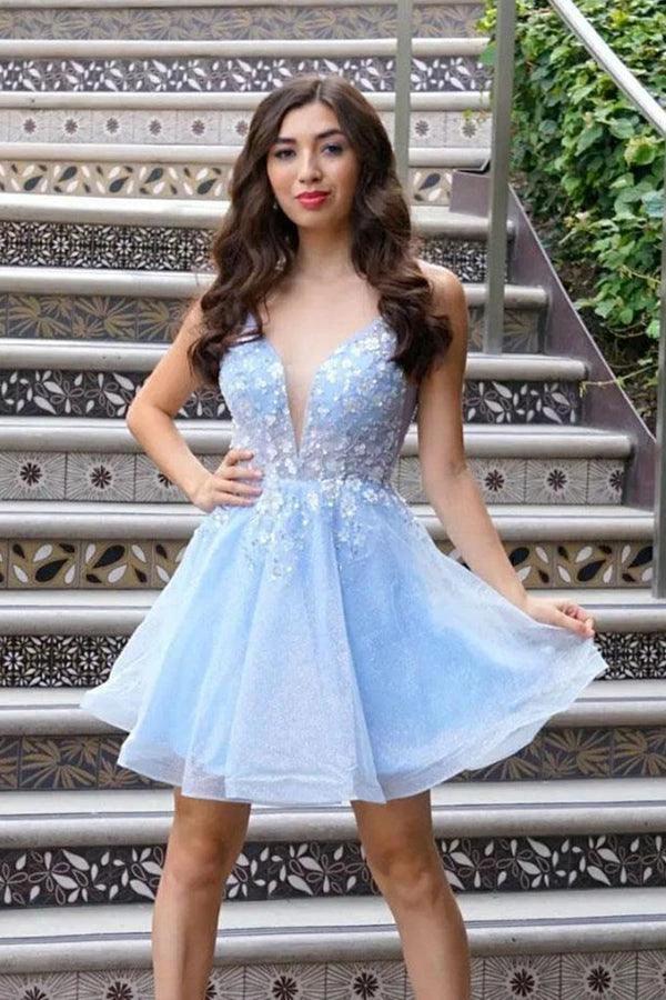 Cute V Neck Light Blue Lace Floral Short Prom Homecoming Dresses PD439 - Image 3