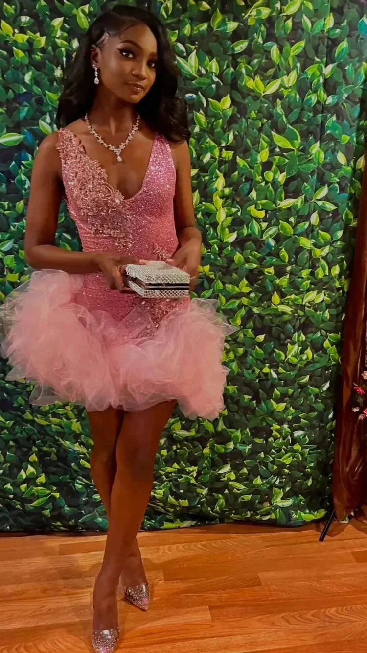 Cute V Neck Pink Short Homecoming Dress and Bottom Tulle Ruffles Pink Birthday Outfit Dress F1069 - Image 9