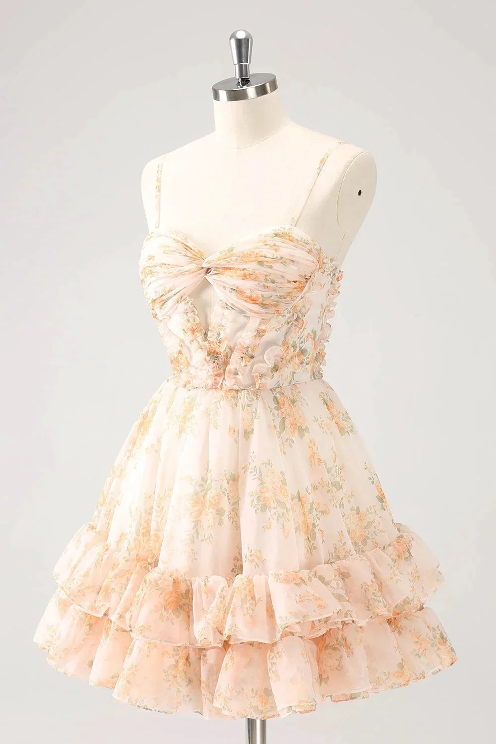 Cute Yellow A Line Cut Out Tiered Print Floral Homecoming Dress with Ruffles - Image 3