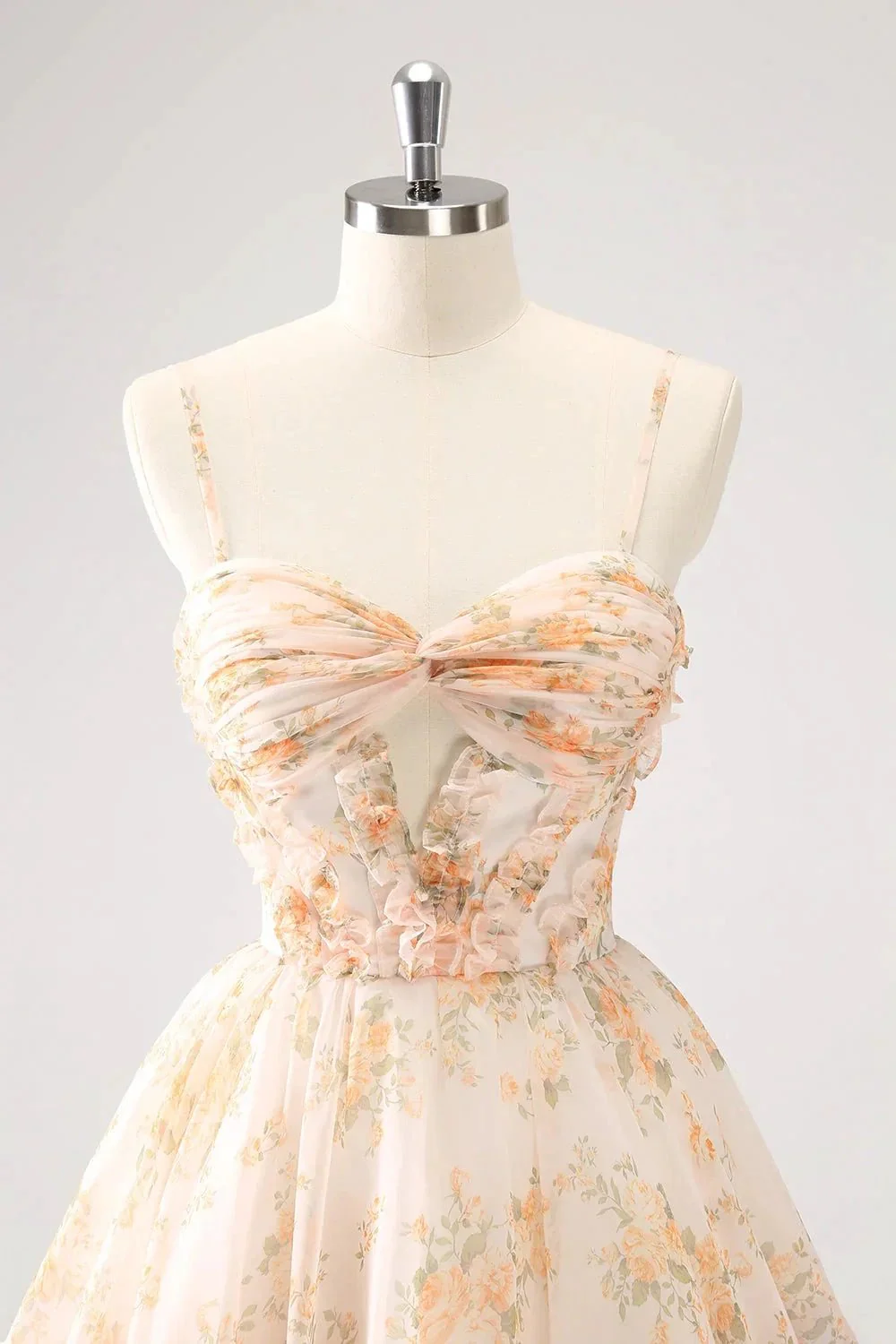 Cute Yellow A Line Cut Out Tiered Print Floral Homecoming Dress with Ruffles - Image 4