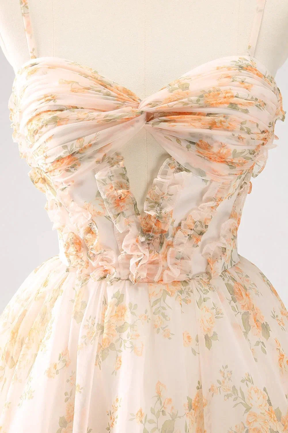 Cute Yellow A Line Cut Out Tiered Print Floral Homecoming Dress with Ruffles - Image 5