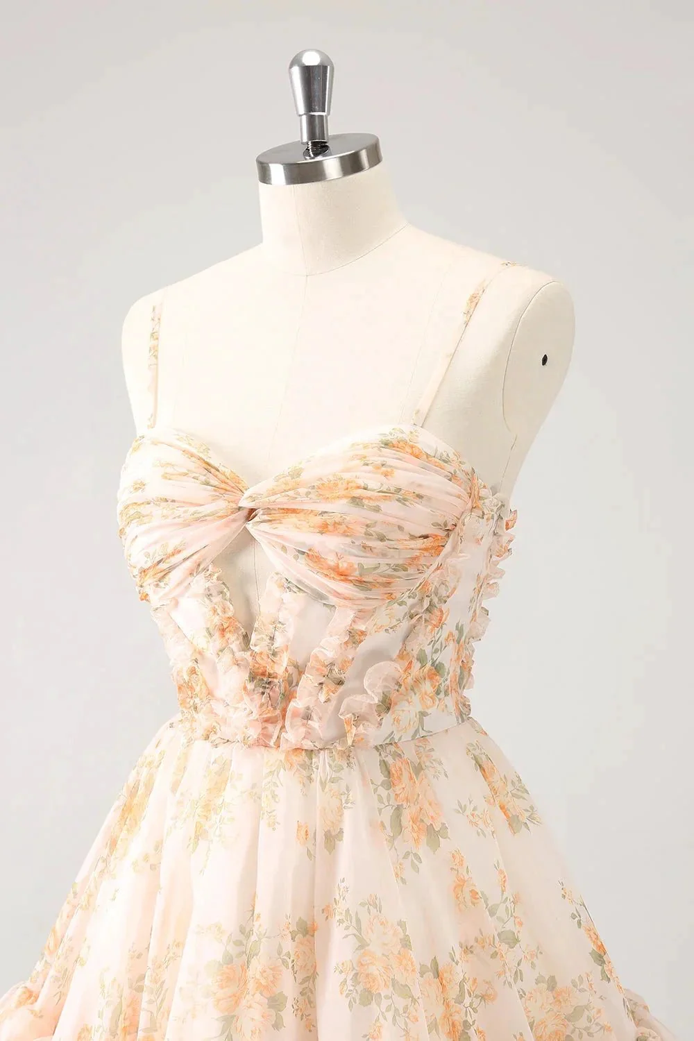 Cute Yellow A Line Cut Out Tiered Print Floral Homecoming Dress with Ruffles - Image 6