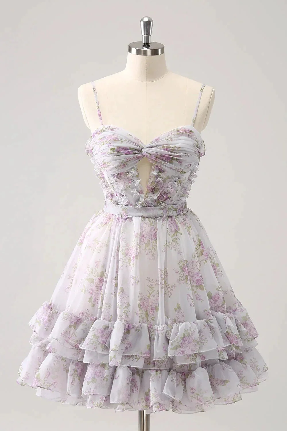Cute Yellow A Line Cut Out Tiered Print Floral Homecoming Dress with Ruffles - Image 8
