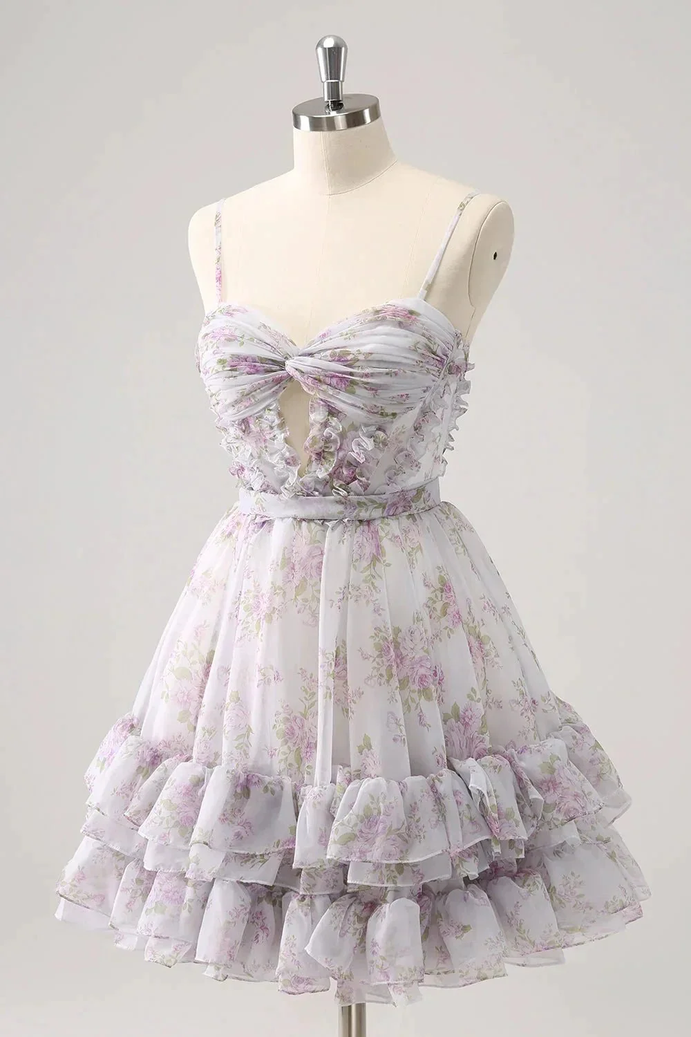 Cute Yellow A Line Cut Out Tiered Print Floral Homecoming Dress with Ruffles - Image 9